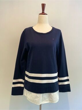 100% Cotton Tommy Hilfiger Navy Pullover with White Stripe Detail - size Medium
